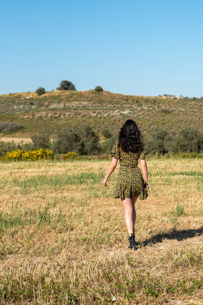 Young attractive woman walking in the field in spring. Freedom lifestyle outdoor - 写真・画像