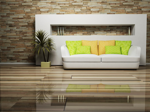 Современный интерьер гостиной с диваном и растением
 - Фото, изображение