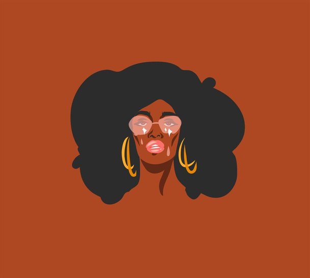 Ręcznie rysowane wektor abstrakcyjny czas płaski grafika ilustracja druk z retro, współczesny Afryki amerykańskiej funky, vintage groovy hippie 60s, 70s boho nowoczesny kobiecy portret na tle koloru - Wektor, obraz