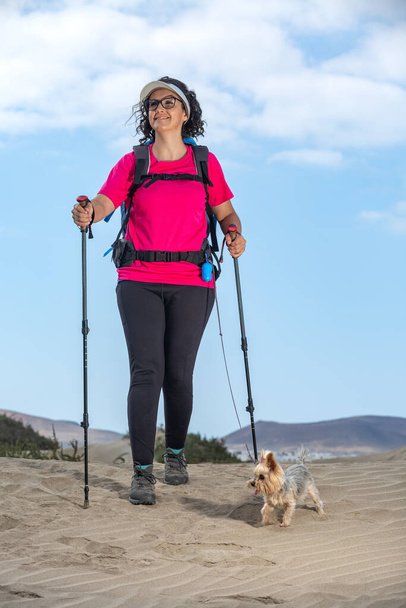 Allegro escursionista femminile con bastoncini da trekking e Yorkshire Terrier che cammina sulla spiaggia di Famara in estate e distoglie lo sguardo - Foto, immagini