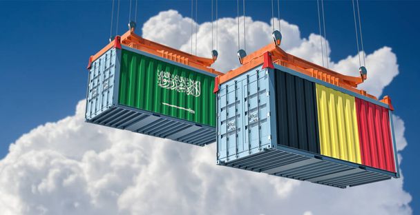 Cargo containers with Belgium and Saudi Arabia national flags. 3D Rendering - Fotó, kép