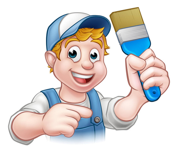 A handyman painter decorator cartoon character holding a paintbrush and pointing - Vecteur, image