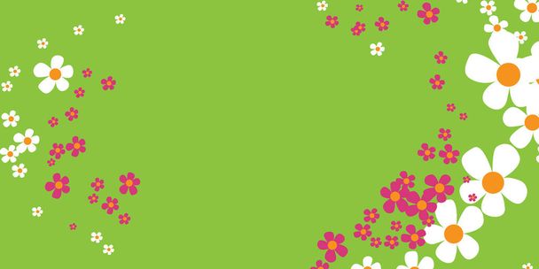 Flores de colores sobre fondo verde - Textura de estilo vintage, Patrón floral de varios colores - Fondo, Elemento de diseño con espacio de copia, Habitación, Lugar para su texto - Formato vectorial editable incluido - Vector, Imagen