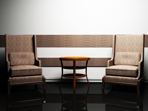 Moderni sisustus, jossa kaksi tyylikästä nojatuolia ja pöytä
 - Valokuva, kuva