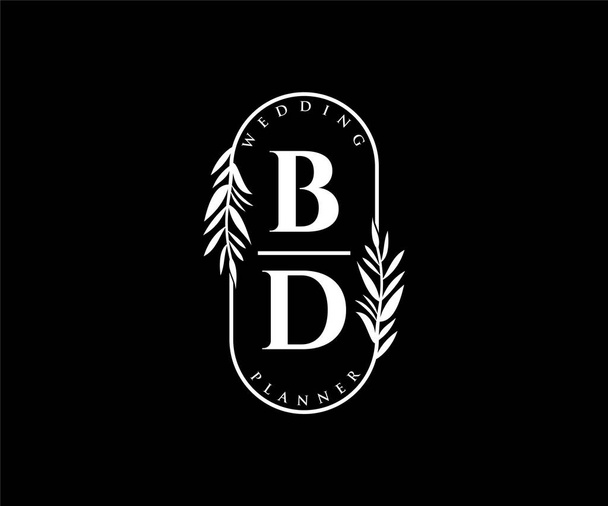 BD Baş harfleri Düğün monogram logoları, davetiye kartları için el çizimi modern minimalist ve çiçekli şablonlar, Tarihi Kaydet, restoran, butik, kafe için zarif kimlik - Vektör, Görsel