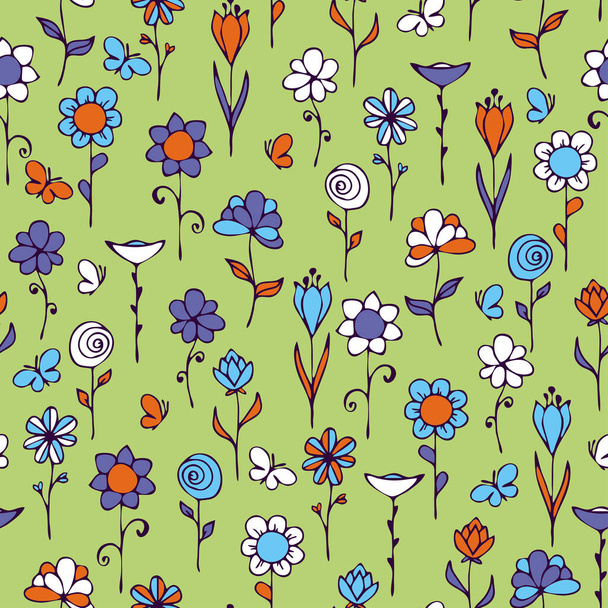 Seamless vector pattern with hand drawn flowers on green background. Happy summer floral wallpaper design. Decorative ditsy fashion textile. - Διάνυσμα, εικόνα