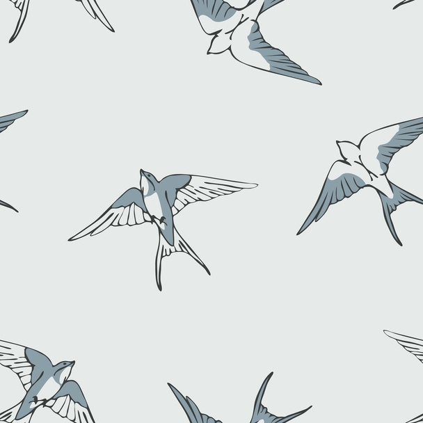 Nahtloses Vektormuster mit fliegenden Schwalben auf cremeweißem Hintergrund. Einfache Schar von Vögeln Tapeten-Design. Dekorative romantische Modetextilien. - Vektor, Bild