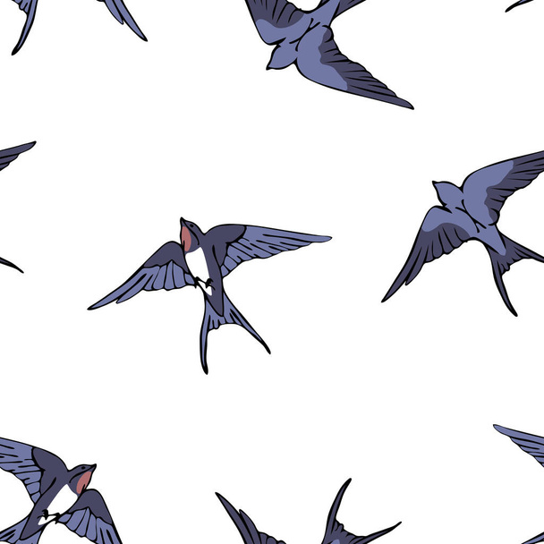 Seamless vector pattern with swallows on white background. Simple flock of birds wallpaper design. Decorative bluebird fashion textile. - Vettoriali, immagini