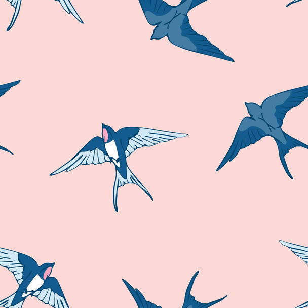 Seamless vector pattern with flock of swallows on pink background. Simple romantic bird wallpaper design. Decorative blue bird fashion textile. - Вектор,изображение
