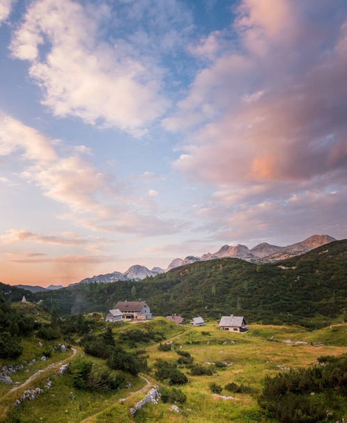 Letni poranek na płaskowyżu Komna w Alpach Julijskich - Zdjęcie, obraz