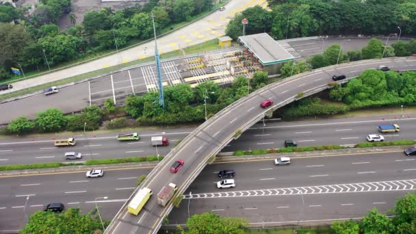 Drone sideways road junction multi-level intersection freeway multi-lane highway turning. Problems in populous cities Traffic jam a lot of cars. Europe infrastructure megalopolis. Driving logistics. - Footage, Video