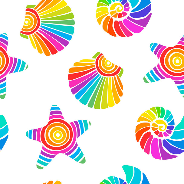 Print. Bright vector pattern with marine life. Seamless background with seashells and starfish. Rainbow colors. Summer bright background. Fabric, paper. - Διάνυσμα, εικόνα