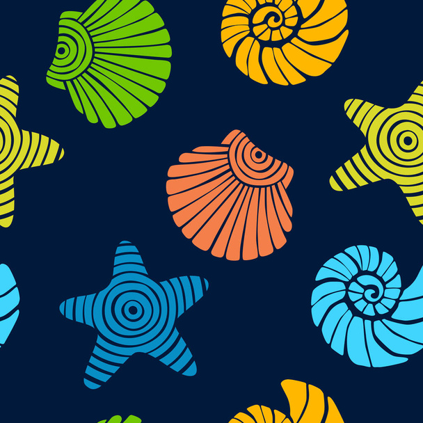 Print. Bright vector pattern with marine life. Seamless background with seashells and starfish. Summer bright background. Fabric, paper. - Vektor, obrázek