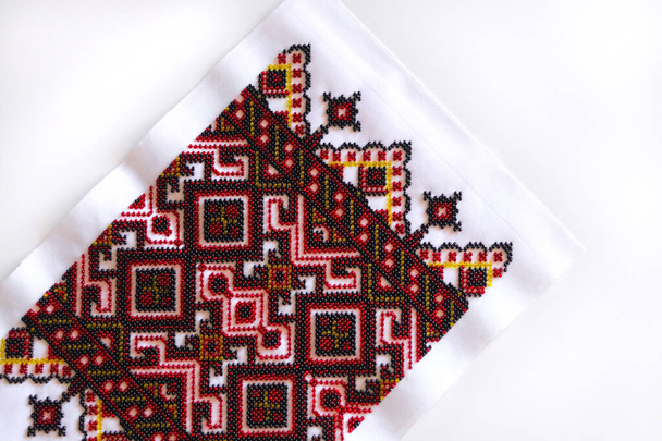 Embroidered ukrainian towel by cross-stitch pattern, ethnic ornament. Ukrainian folk embroidery - 写真・画像