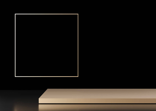 Golden podium for product, cosmetic presentation, on black background. Mock up. Pedestal or platform for beauty products. Empty scene. Copy space for logo, or text. 3D rendering - Photo, Image