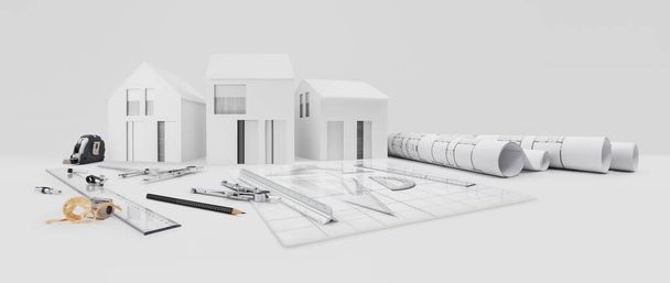 建築計画、インテリアデザイナー、建築家の仕事のコンセプトを構築するために、白い背景に隔離された技術的なツールと青写真ロールを描く机の上の家の建築モデル - 写真・画像
