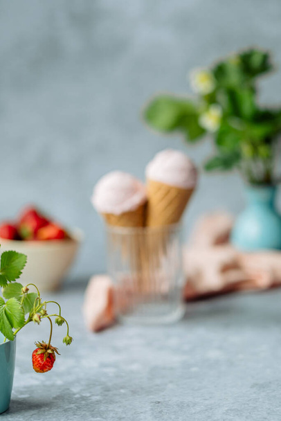 Клубничные саженцы с спелыми ягодами на фоне двух домашних мороженых в конусе в стакане. пространство для текста. Высокое качество фото - Фото, изображение