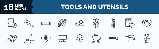 set of tools and utensils web icons in outline style. thin line icons such as book with cd rom, tessen fan, chopsticks, power saw, screen in black, paper cutter, hammer drill, second vector. - Wektor, obraz