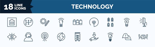set of technology web icons in outline style. thin line icons such as wired connection, ideas, battery status, black eye, electric, light bulb idea, asking, chairs vector. - Vector, Imagen
