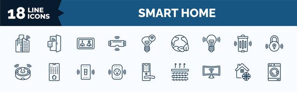 set of smart home web icons in outline style. thin line icons such as smart city, vr technology, smart lamp, robot vacuum cleaner, plug, television, freeze, home devices vector. - Vecteur, image