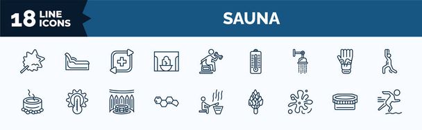 set of sauna web icons in outline style. thin line icons such as vasta, hamam, luxury shower, asian bath, hormones, splashing, laconium, adrenalin rush vector. - Vetor, Imagem