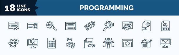 set of programming web icons in outline style. thin line icons such as clean code, code listing, api, image seo, seo management, plugin, seo growth, advertising bounce vector. - Vector, imagen
