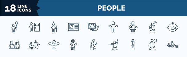 set of people web icons in outline style. thin line icons such as boy with balloon, identification pass, scholar girl front, parents, napoleon figure, man jumping, man hearing, father and son - Vecteur, image