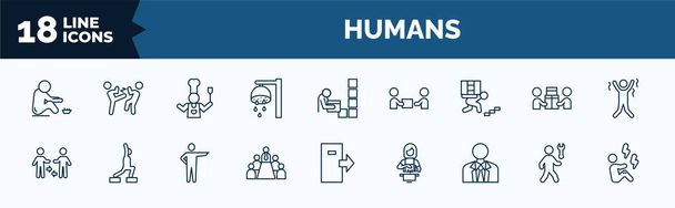 set of humans web icons in outline style. thin line icons such as begging, showering, carrying on back, people trading, business meeting, businessman with tie, hine repair, pain vector. - Vector, afbeelding