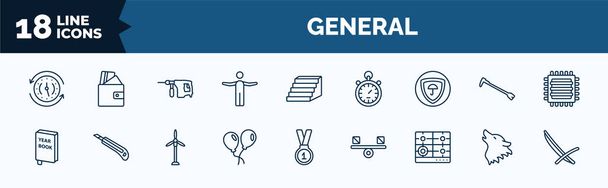 set of general web icons in outline style. thin line icons such as clockwise, man with open arms, insurance with a button, yearbook, floating balloons, hob, wolf howling, deckchair vector. - Vecteur, image