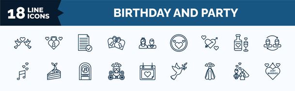 set of birthday and party web icons in outline style. thin line icons such as love birds, love padlock, cupid, love music, wedding carriage, wedding dress, newlyweds, just married vector. - Vettoriali, immagini