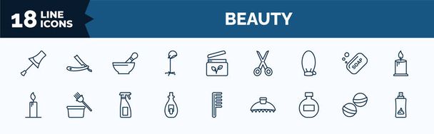 set of beauty web icons in outline style. thin line icons such as nail brush, stand hairdryer, exfoliating mitt, candle light, nail polish removal, round perfume bottle, bath salts bomb, hair foam - Vettoriali, immagini