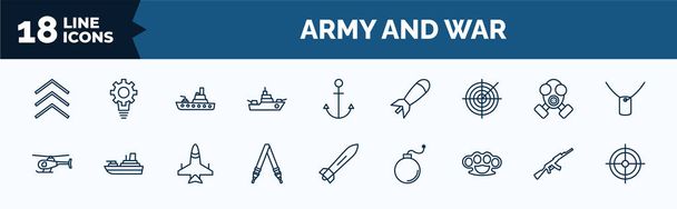 set of army and war web icons in outline style. thin line icons such as chevrons, warship, militar radar, helicopter, shoulder strap, knuckle,  , gun shooting vector. - Вектор,изображение