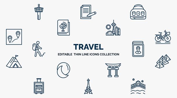 concept of travel web icons in outline style. thin line icons such as control tower, baby bag,  , bike with front basket, map book, egyptian pyramids, torii, paris, venice vector. - Vecteur, image
