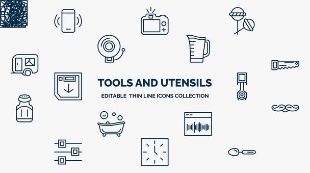 concept of tools and utensils web icons in outline style. thin line icons such as ringing, candies, pitcher with levels, carpentry, piston on, moustaches, sound wave bars, clocks, large spoon - Vektör, Görsel