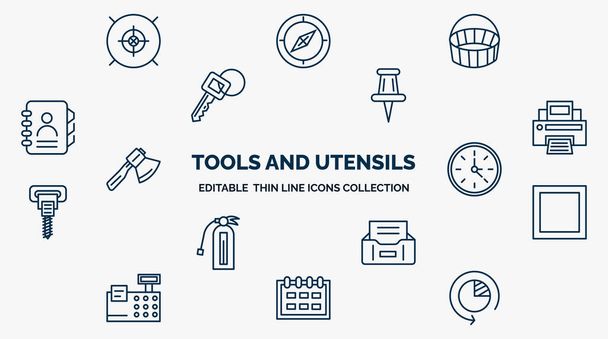 concept of tools and utensils web icons in outline style. thin line icons such as target circles, empty shopping basket, school push pin, blank paper and printer, circular clock, basic square, tray - Vector, Image