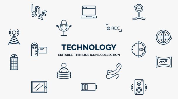 concept of technology web icons in outline style. thin line icons such as tinsel, pitching hine, recording, satellite in orbit, half hour, panoramic, phone with wire, battery with two bars, sound - Vector, Image
