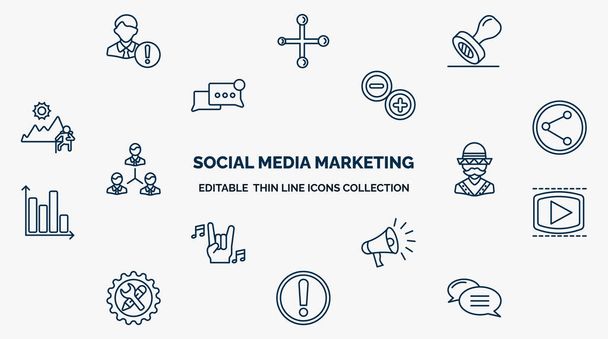 concept of social media marketing web icons in outline style. thin line icons such as user warning, stamps, pros and cons, photo share, mexican man, video player, marketing, importance, message - Vektori, kuva