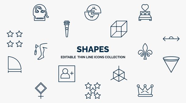 concept of shapes web icons in outline style. thin line icons such as skull and snake, wedding night, rectangular prism, 180 degrees angle, fleur de lis, inverted cone, cube geometrical, star with - Vector, Image