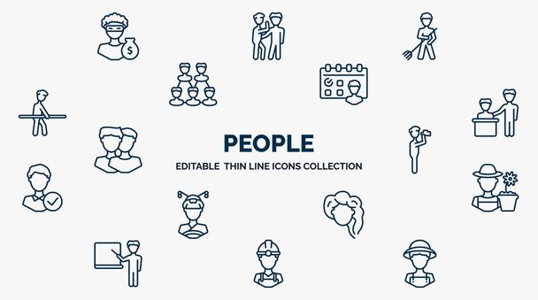 concept of people web icons in outline style. thin line icons such as steal, landkeeper, meeting date, boss and worker, monocular, garderner, woman hair, constructor, farmers vector. - ベクター画像