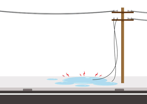 Electric leakage. Electric wire of high voltage pole is damaged and short circuit in water with rain flat icon vector. - Vektor, kép