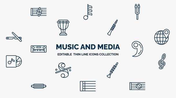 concept of music and media web icons in outline style. thin line icons such as sharp, tuning fork, oboe, globe with pointer, breath mark, treble clef, clarinet, bold double bar line, whole vector. - Wektor, obraz