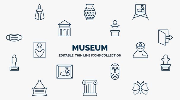 concept of museum web icons in outline style. thin line icons such as roman or greek helmet, museum canvas, sculpture, exit, security guard, bust, african mask, antique column, butterfly vector. - Vettoriali, immagini