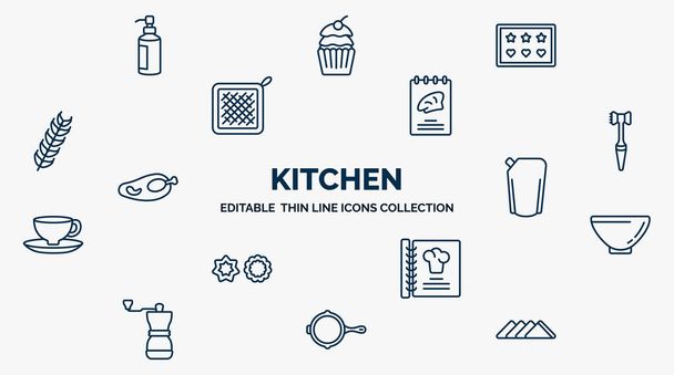 concept of kitchen web icons in outline style. thin line icons such as soap dispenser, molded, recipe book, meat tenderizer, ketchup, soup bowl, recipe, skillet, napkin vector. - Vektor, kép