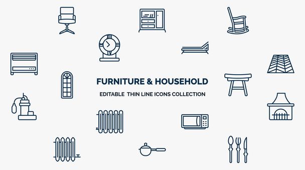 concept of furniture & household web icons in outline style. thin line icons such as office chair, rocking chair, lounger, floor, ottoman, chimney, microwave, small saucepan, silverware vector. - Vektor, Bild