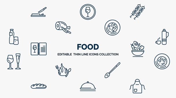concept of food web icons in outline style. thin line icons such as chop, brochette, snow fungus soup, thermo flask, healthy nutrition, hainanese chicken, slotted spoon, serving dish, kitchen pack - Vektor, Bild