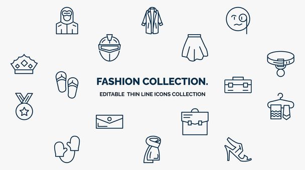 concept of fashion collection. web icons in outline style. thin line icons such as hazmat, monocle, short skirt, collar, closed briefcase, ties on hanger, book bag, wool scarf, high heel sandals - Vektor, Bild