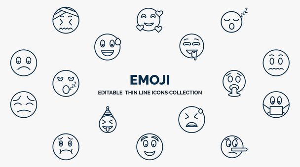 concept of emoji web icons in outline style. thin line icons such as headache emoji, sleep emoji, drool silent vomit sick desperate excited lying vector. - ベクター画像