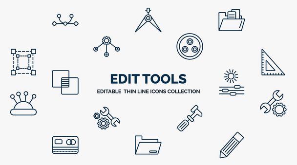 concept of edit tools web icons in outline style. thin line icons such as curvature, file folder, quark, school triangle, lightness, repair tool, cobbler, folders, pen edit vector. - Vektor, kép