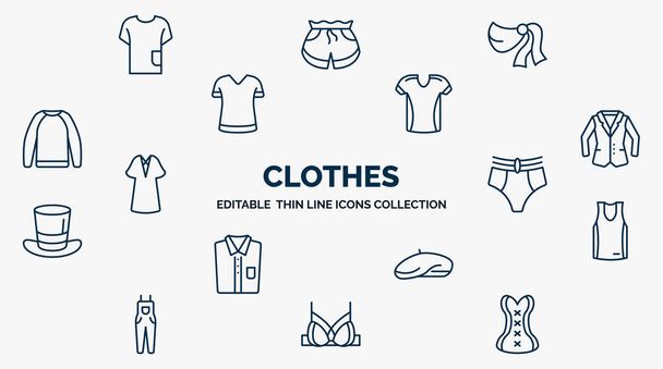 concept of clothes web icons in outline style. thin line icons such as t-shirt, shawl, jersey, blazer, knickers, basketball jersey, beret, brassiere, cor vector. - Διάνυσμα, εικόνα