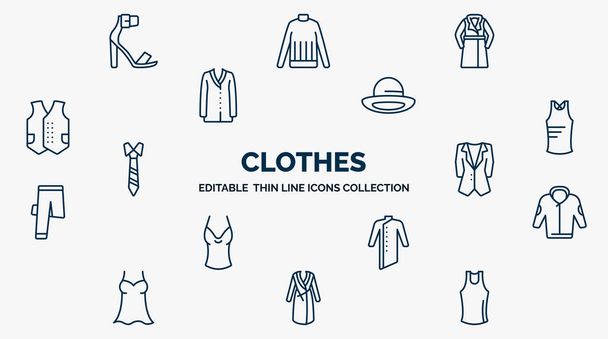 concept of clothes web icons in outline style. thin line icons such as heels, trench coat, bowler, sleeveless shirt, dinner jacket, jogging jacket, kurta, housecoat, tank top vector. - Διάνυσμα, εικόνα